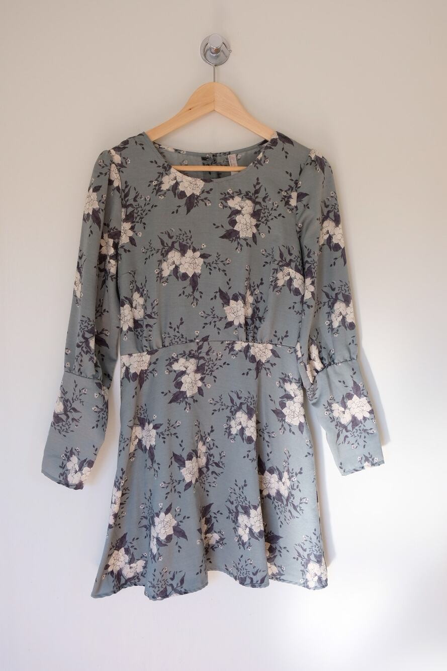 Free People Floral Mini Dress Sz 6 Sage Long Sleeve Boho Cottagecore Coquette